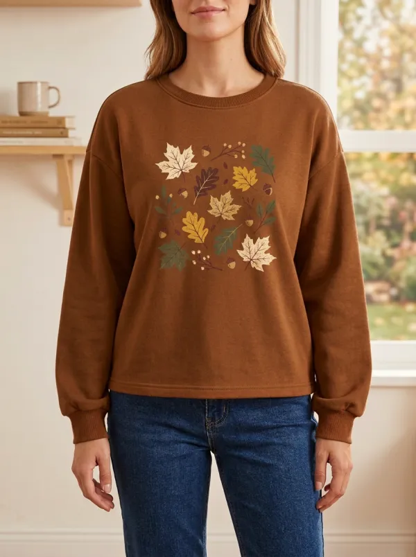 Layered Layer Maple-Leaf Printed Acorn Graphic Sweatshirt