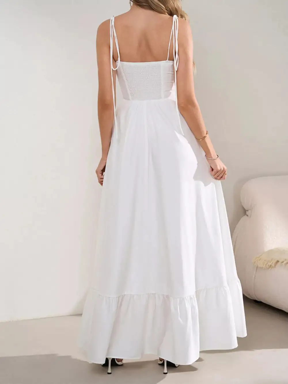 Sweetheart Neck Tie Strap Ruffle Hem Maxi Dress