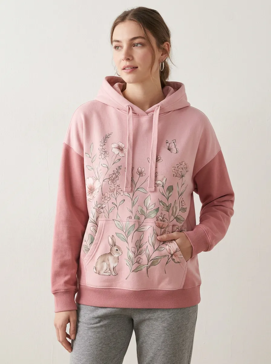 Women's Nature Lover Rabbit Floral Butterfly Printed Hoodie