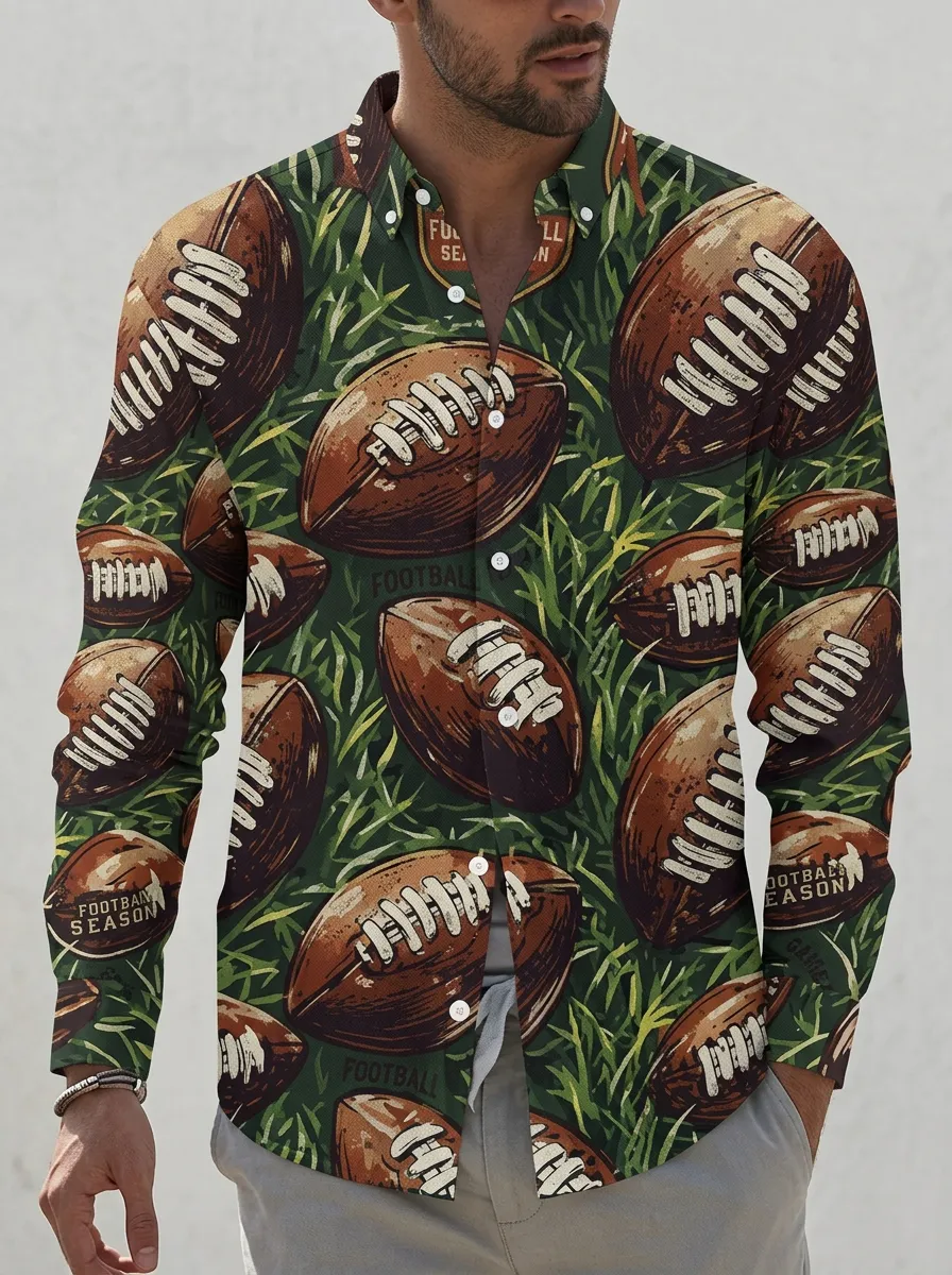 Men's Heritage American Football Lover Grass Pattern Printed Button-up Shirt