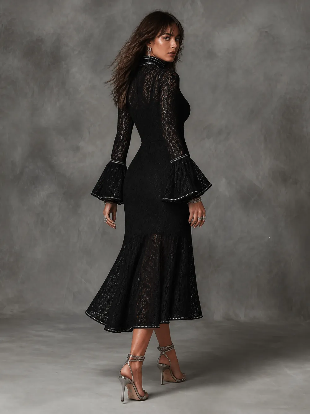 Vintage High Neck Cutout Long Bell Sleeve Silver Rhinestone Piping Black Floral Lace Mermaid Midi Dress