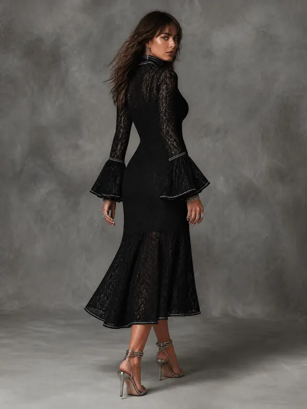 Vintage High Neck Cutout Long Bell Sleeve Silver Rhinestone Piping Black Floral Lace Mermaid Midi Dress