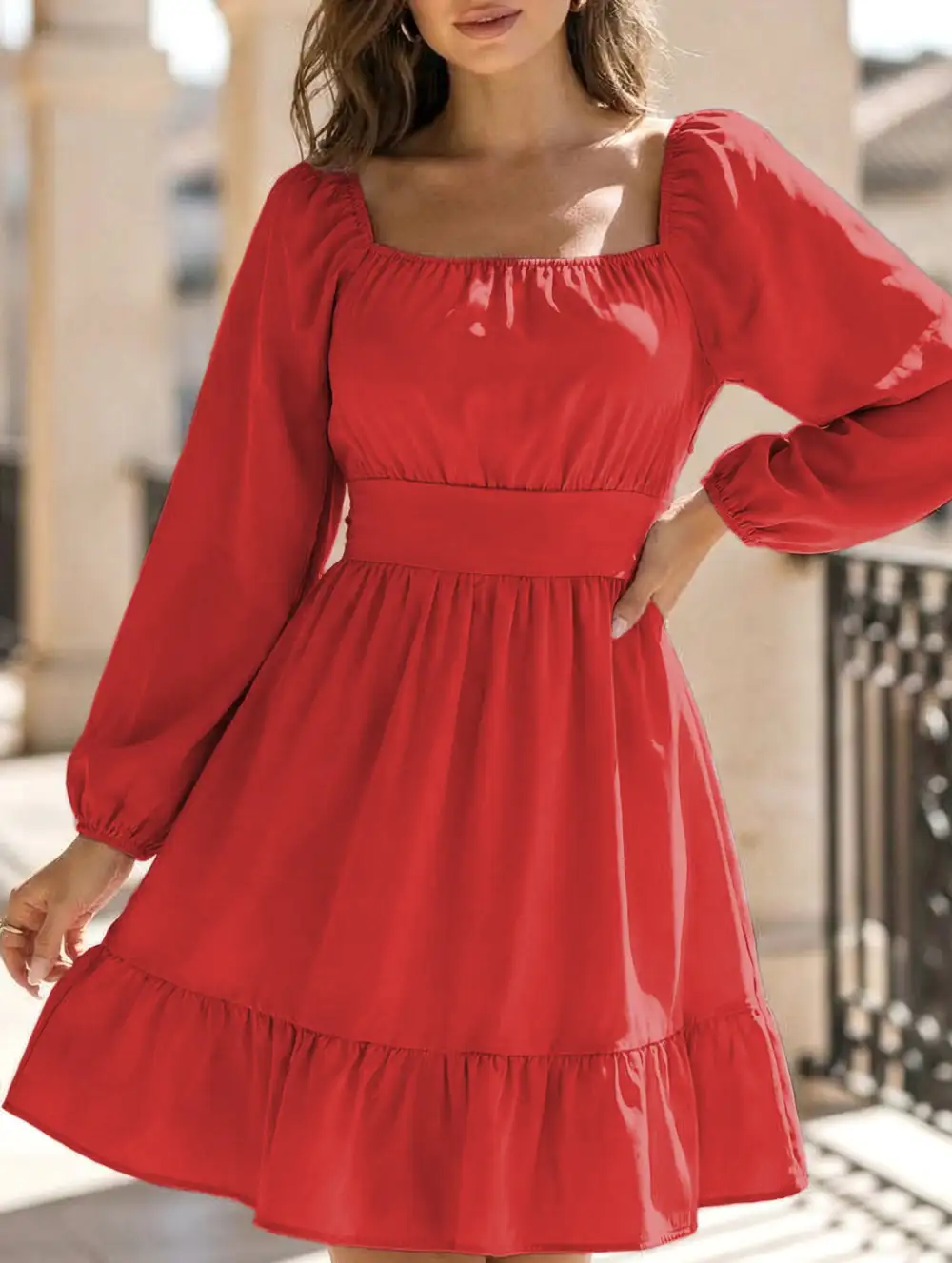 Square Neckline Ruffled Tie Up Mini Dress