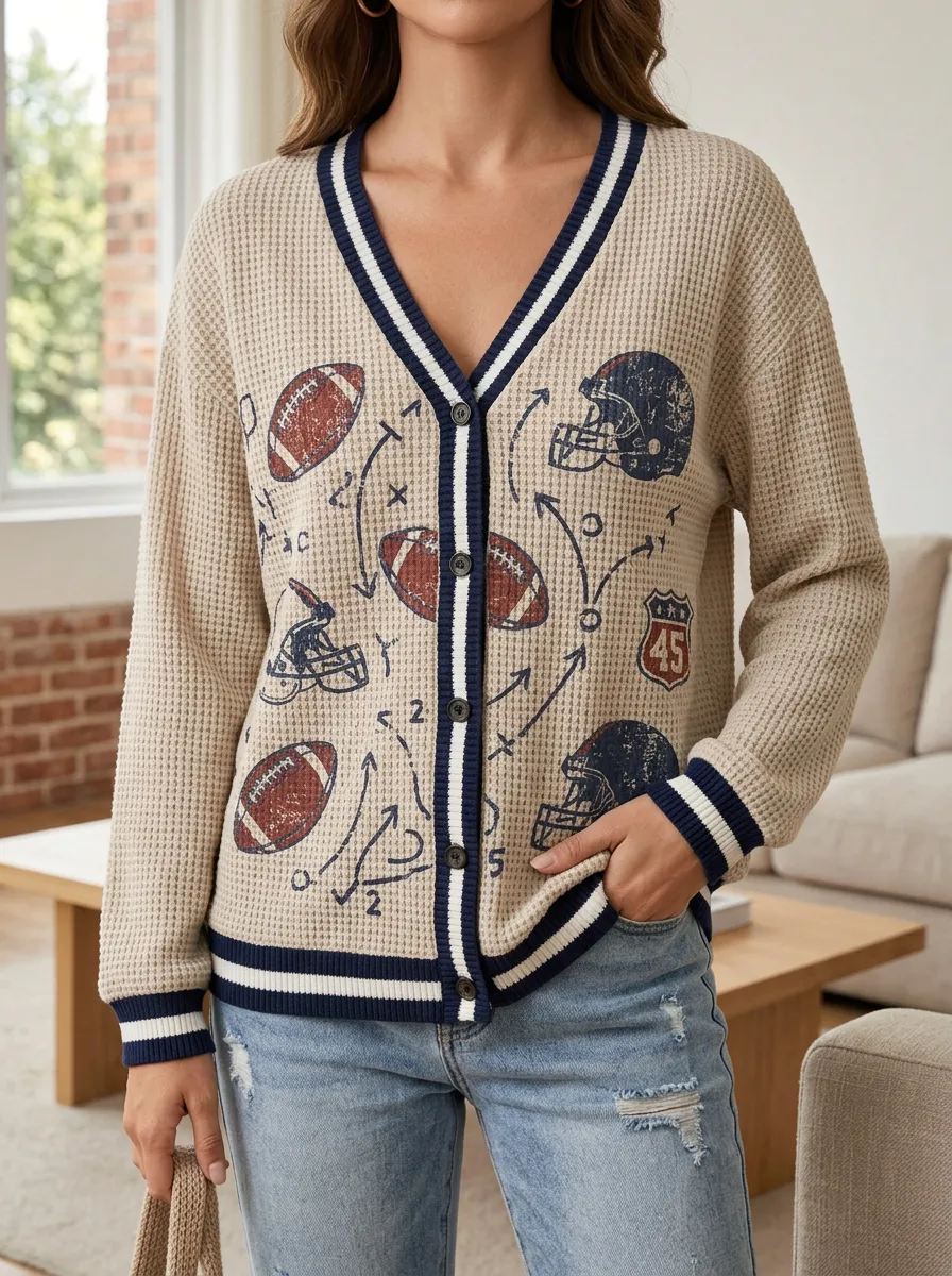 Women's Heritage Football Fan Playbook Helmet Printed Waffle Cardigan
