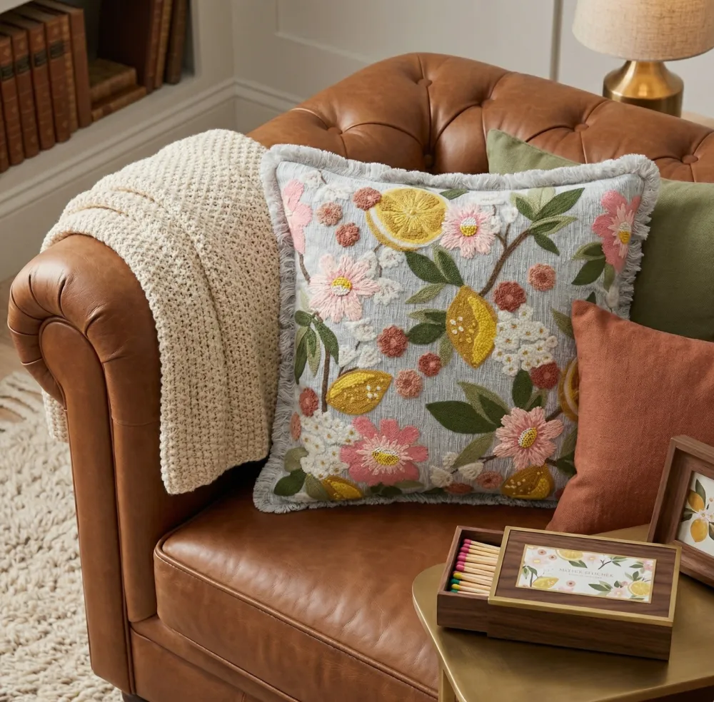 Artisan Motif Hand Embroidered Floral Botanical Cotton Decorative Cushion Cover