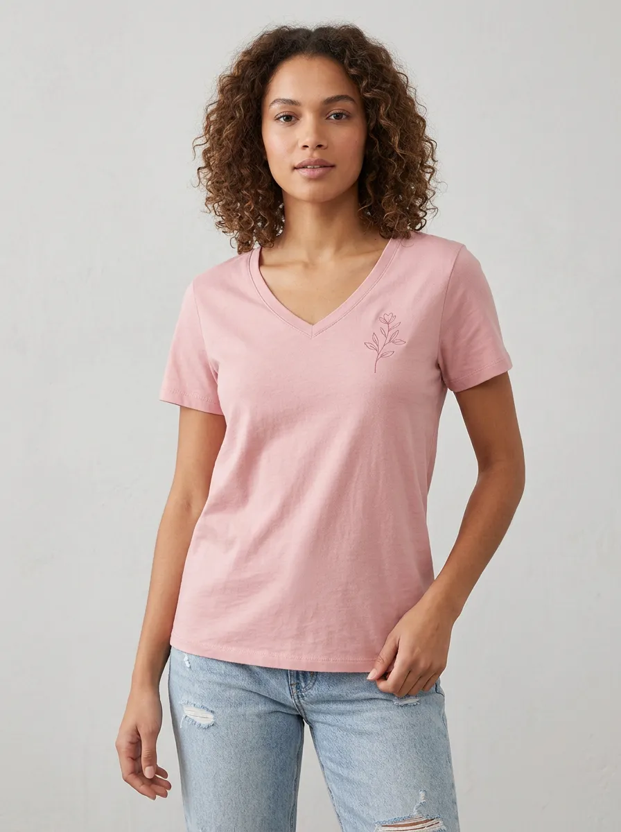 Women's Minimalist Floral Botanical Printed V-neck T-shirt