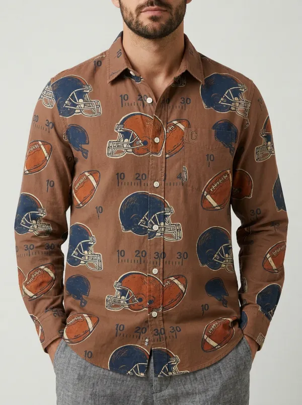 Men's American Football Lover Helmet Ball Printed Button-Down Shirt