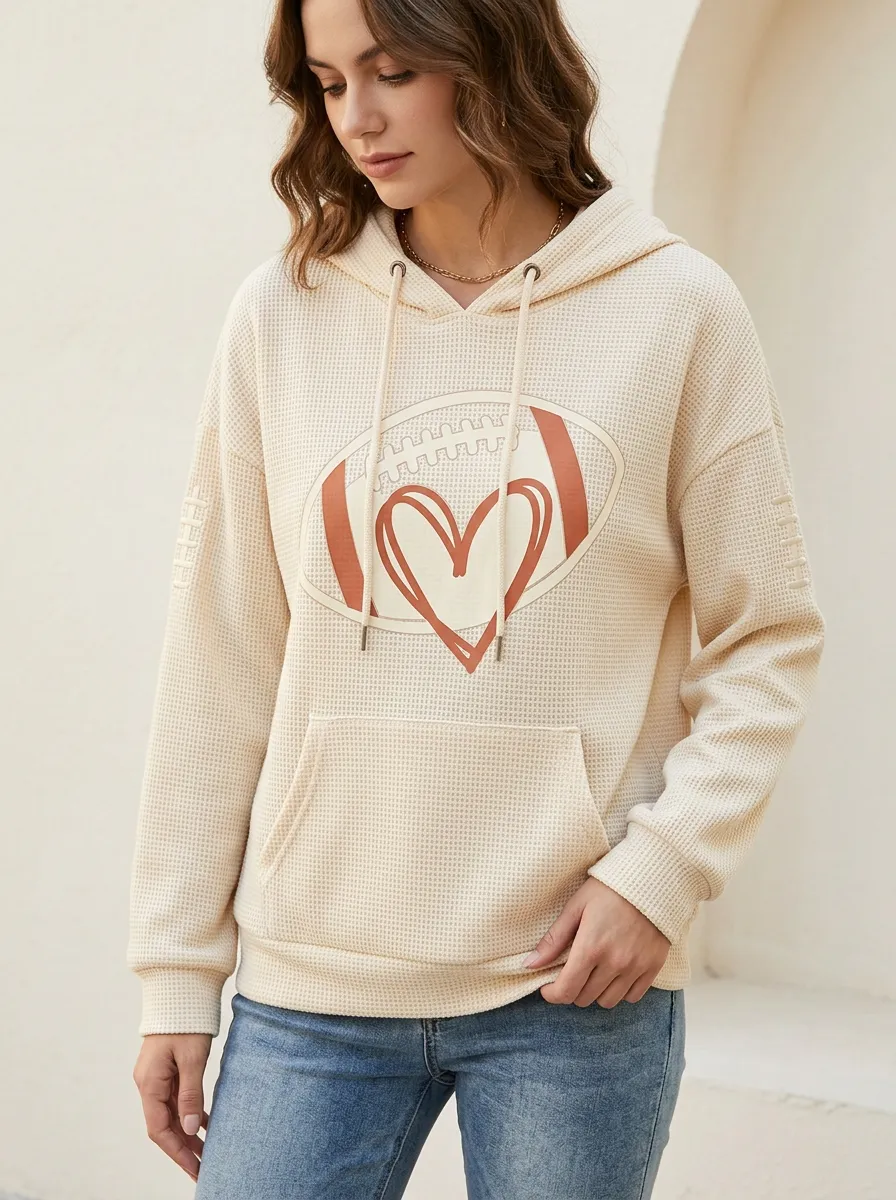 Women's Football Lover Heart Graphic Printed Waffle Hoodie