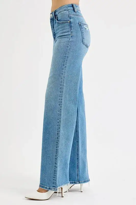 Textured Wide Leg Distressed Denim Jeans