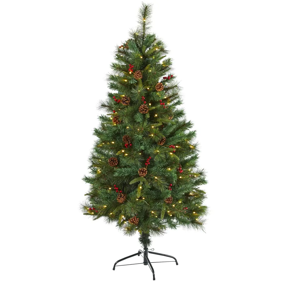 Mixed Pine Artificial Christmas Tree with Clear LED Lights Pine Cones and Berries Botanical Accent