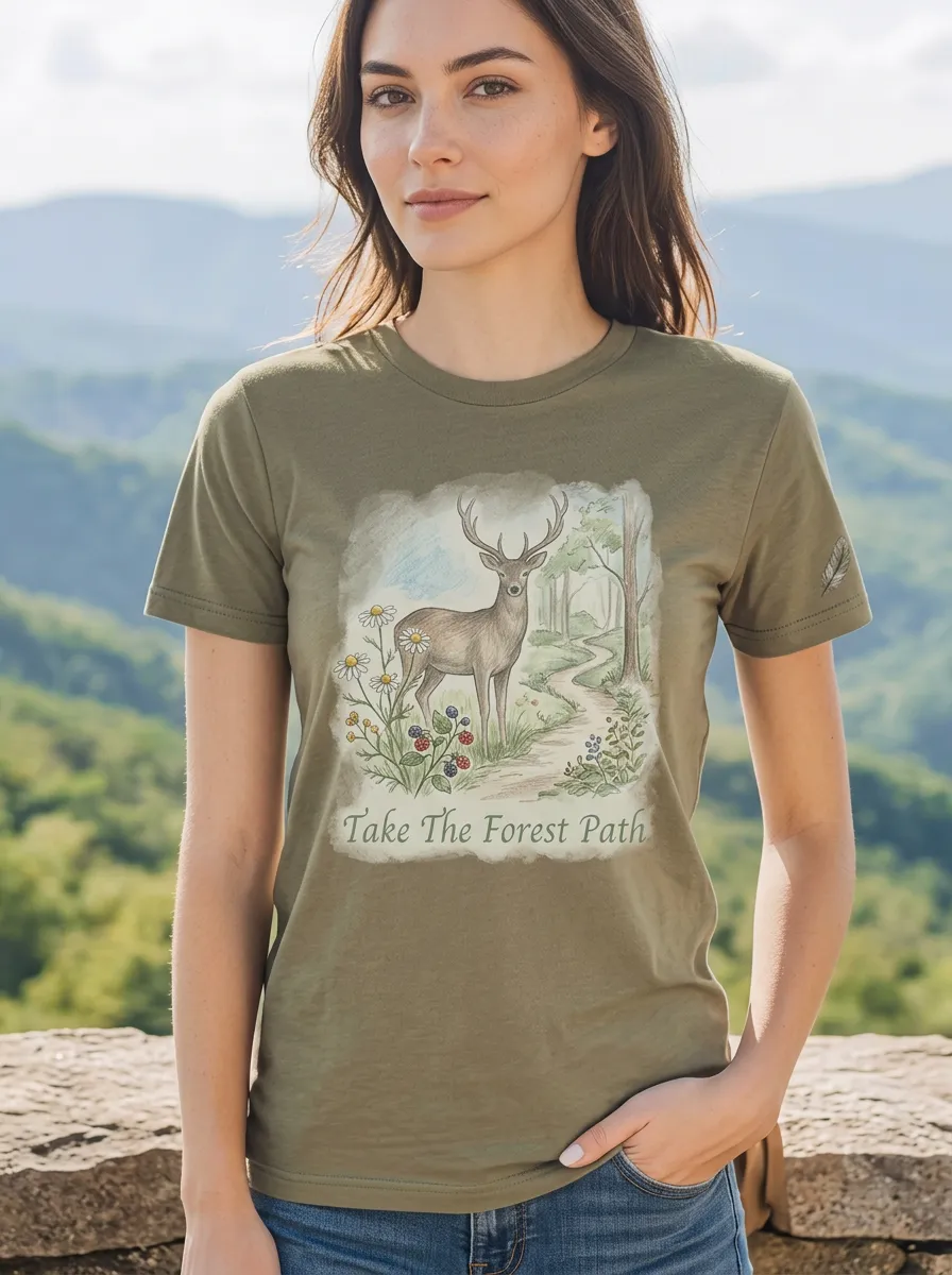 Women's Nature Lover Deer Forest Path Printed T-shirt