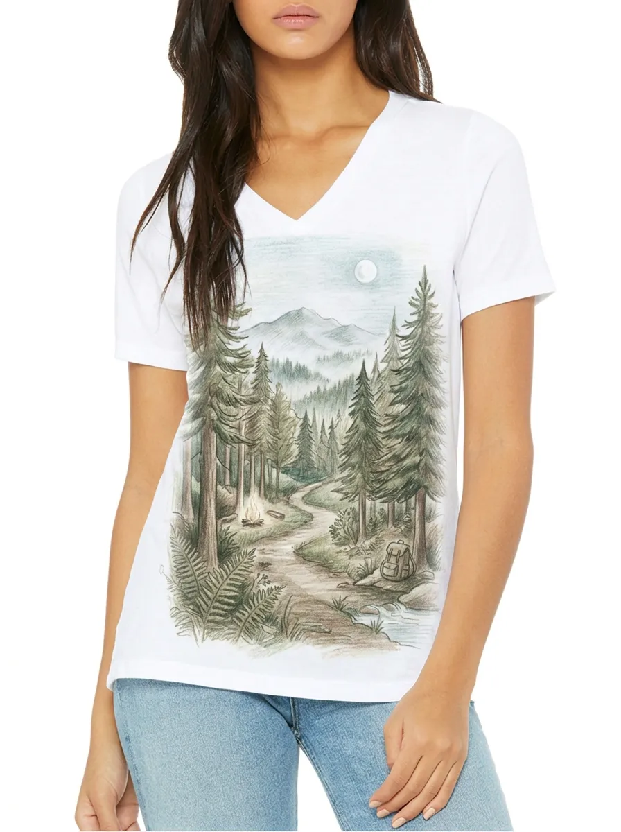 Women's Camping Nature Lover Mountain Forest Printed V-neck T-shirt