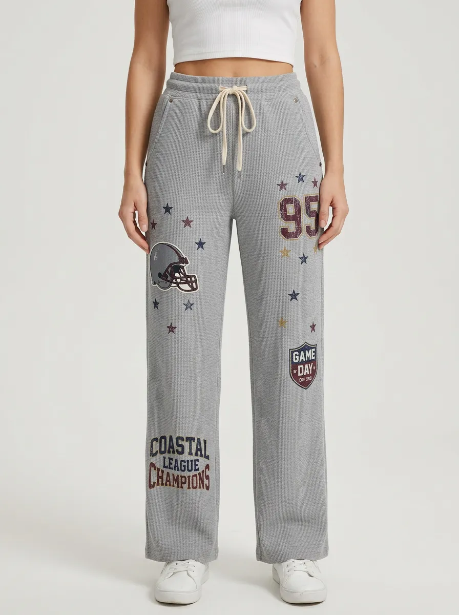 Women's Football Fan Helmet Number Star Printed Waffle Pants