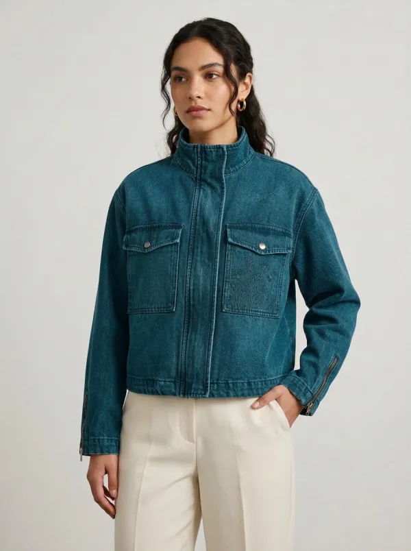Women's Floral Embroidered Washed Black Denim Jacket