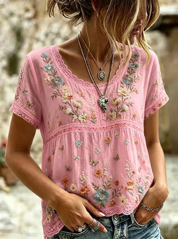 Women's Boho Floral Butterfly Embroidered Printed T-shirt