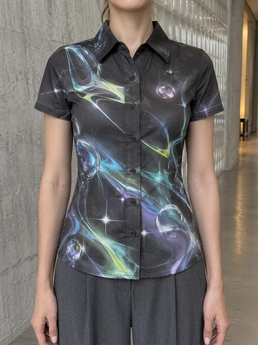 Women's Layered Y2K Aesthetic Abstract Bubble Galaxy Shirt