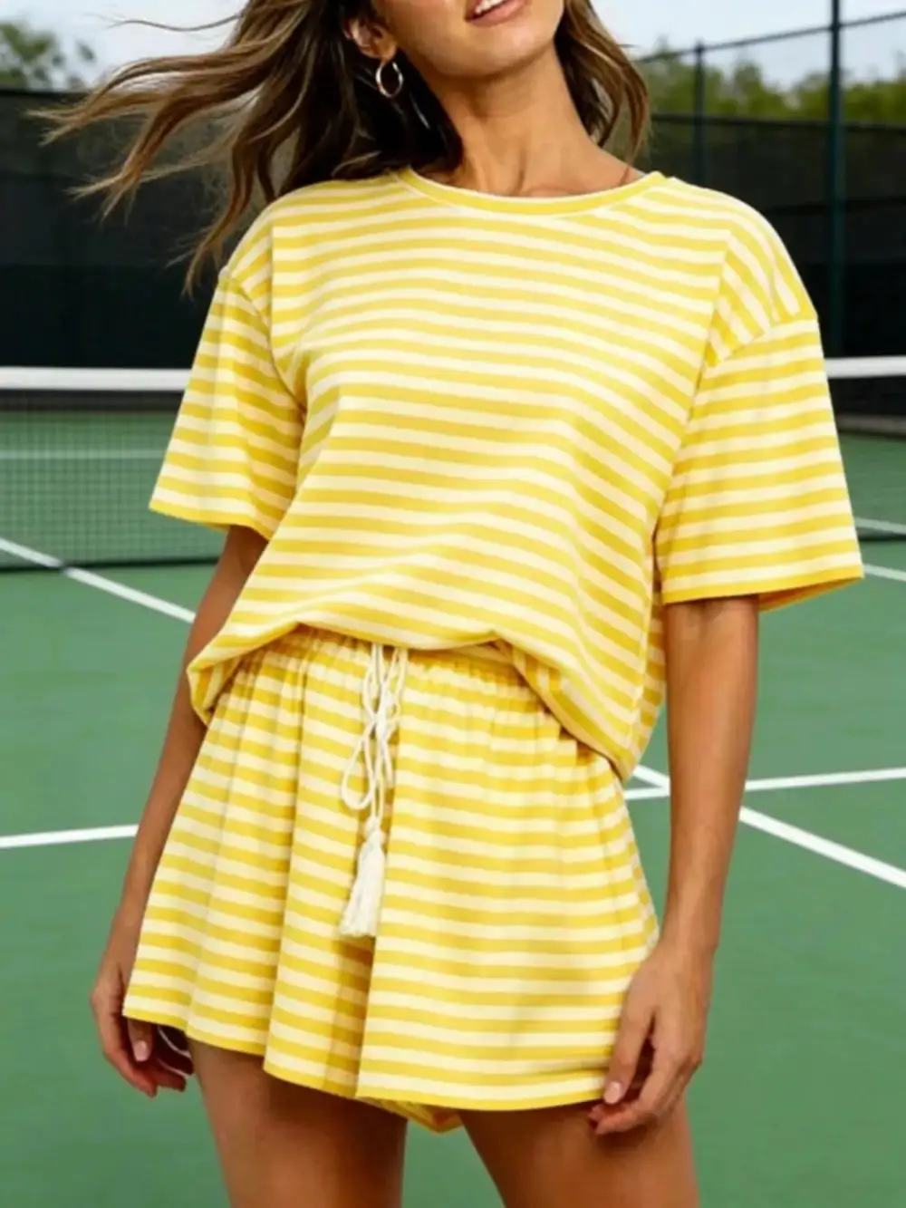 Striped Short Sleeve Tee Drawstring Shorts Set