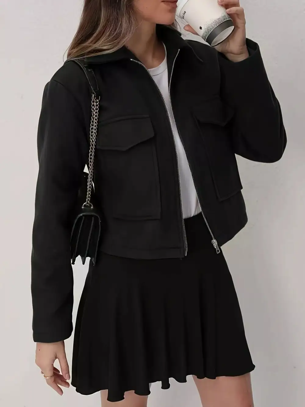 Cropped Zip-Up Pocketed Jacket