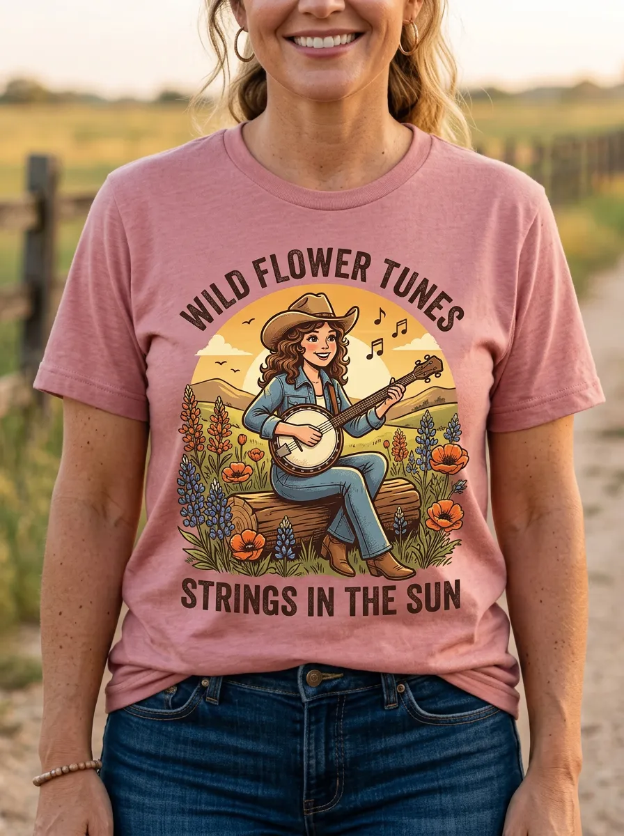 Rustic Banjo Wildflower Women's Country Music Casual T-Shirt
