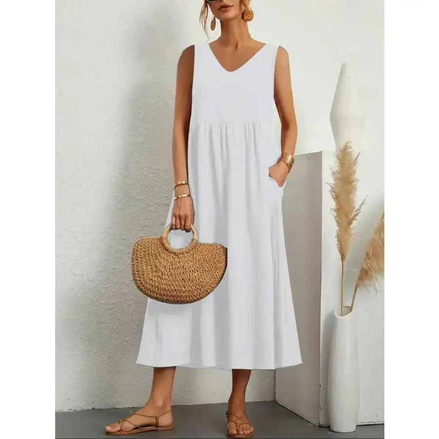 Full Size Pocketed V-Neck Sleeveless Midi Dress Plus Size