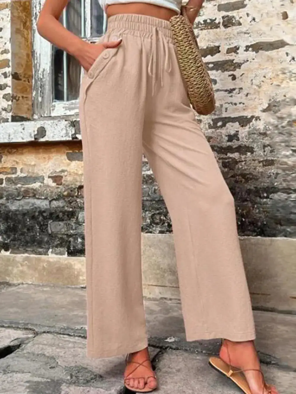 Wide Leg High Waist Tie Waist Pocketed Pants