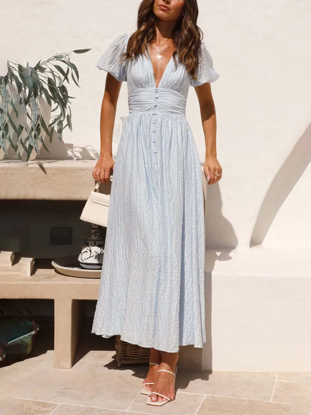 Puff Sleeve V Neck Long Oversized Midi Dress