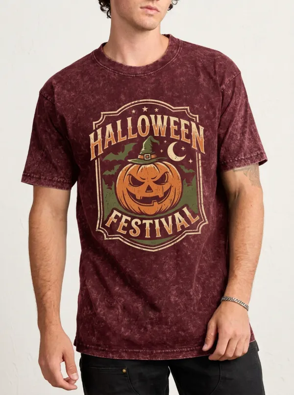 Men's Halloween Festival Pumpkin Witch Hat Printed Acid Wash T-shirt