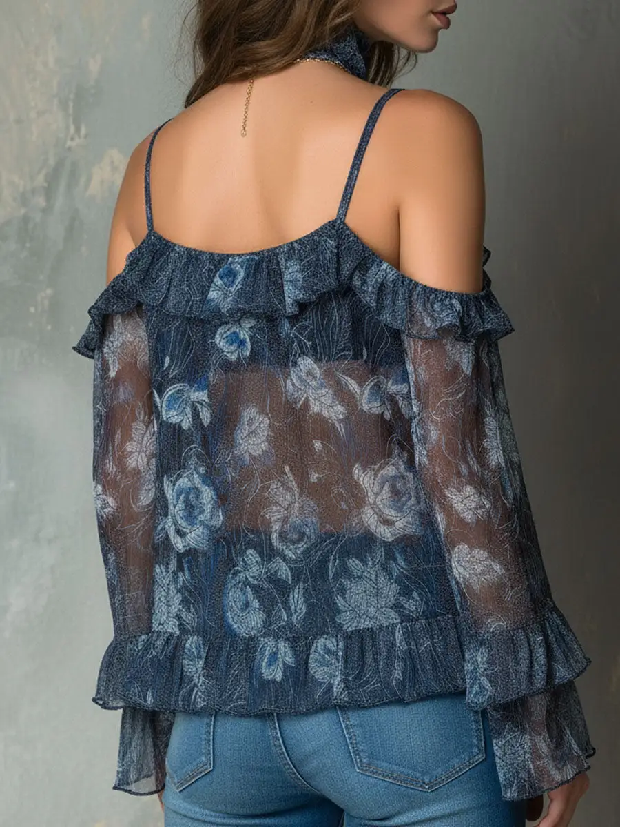 Boho Midnight Blue Ruffled Sheer Floral Off-Shoulder Blouse