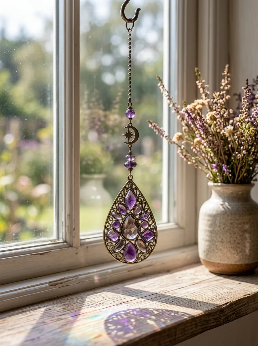Boho Moon Amethyst Crystal Hanging Suncatcher