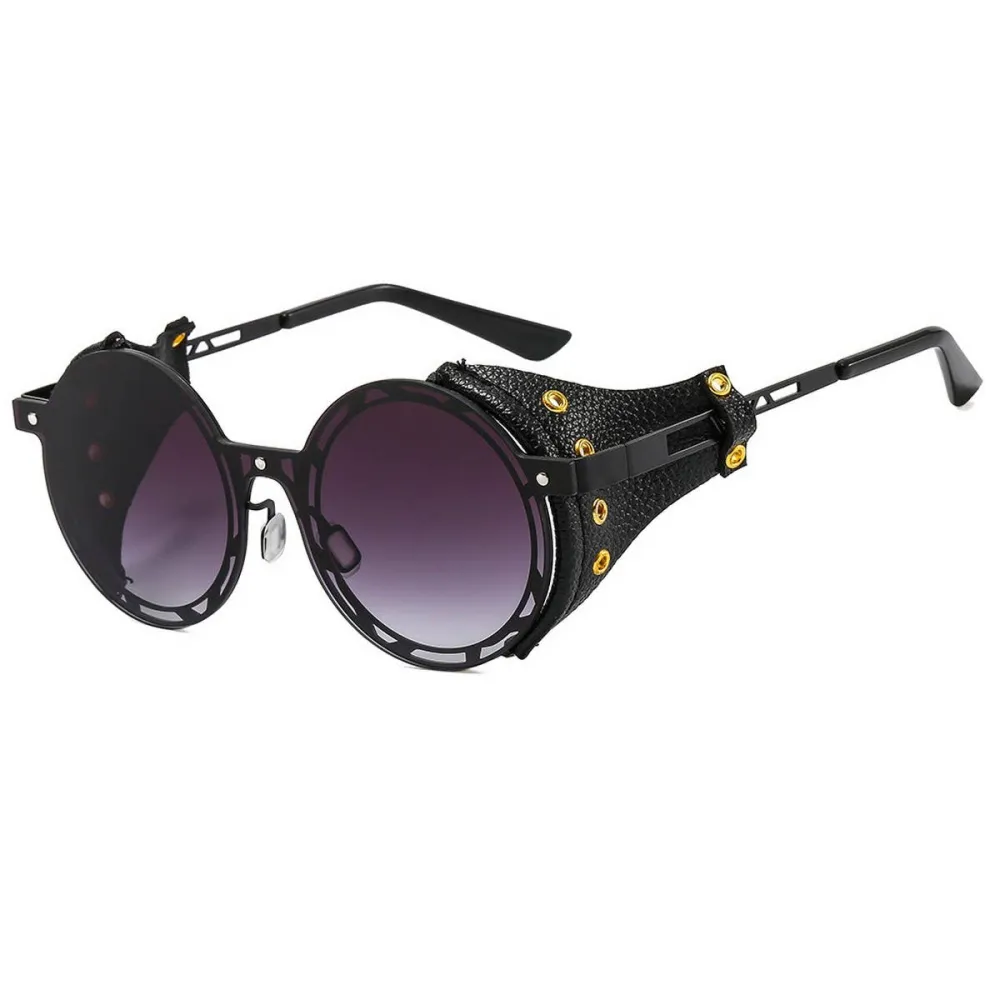 Metal Leather Round Sunglasses