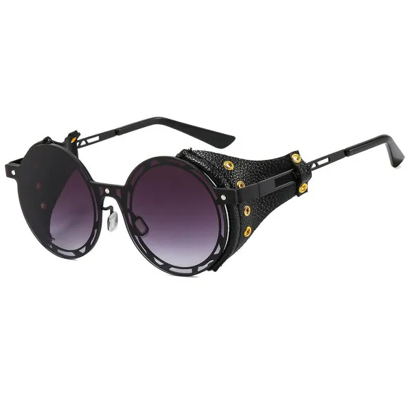 Metal Leather Round Sunglasses