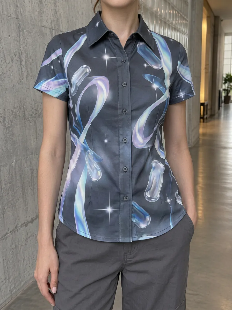 Women's Y2K Aesthetic Holographic Liquid Star Printed Shirt