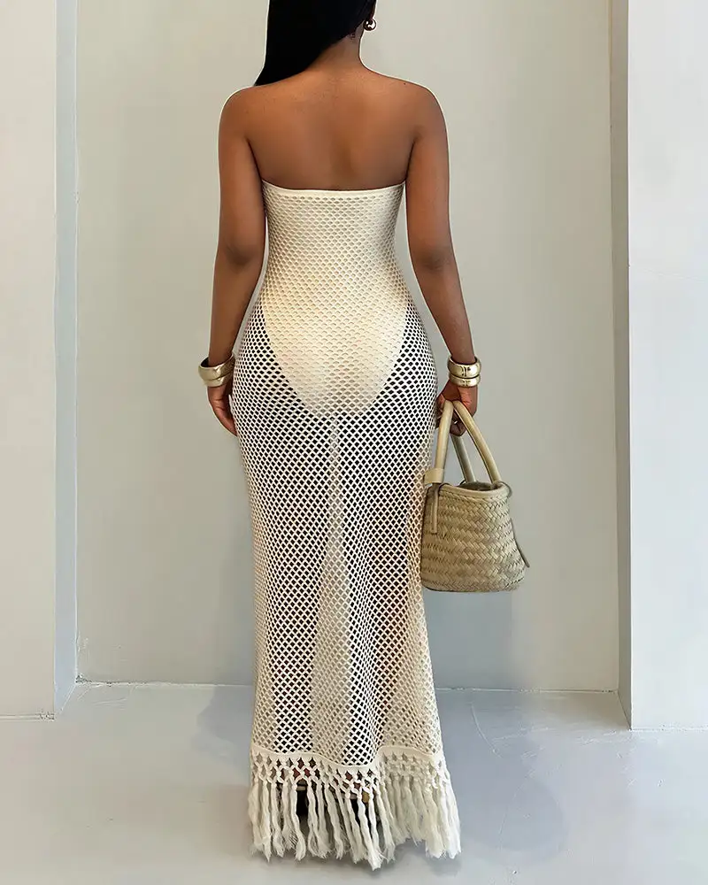Strapless Crochet Hollow Out Fringe Maxi Dress Cover Up