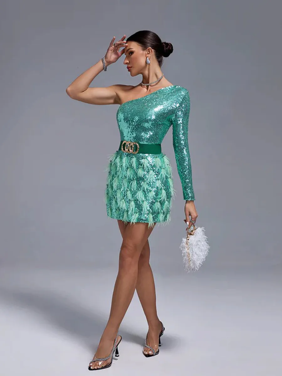 Adeline One Shoulder Sequins&Feather Cocktail Dress