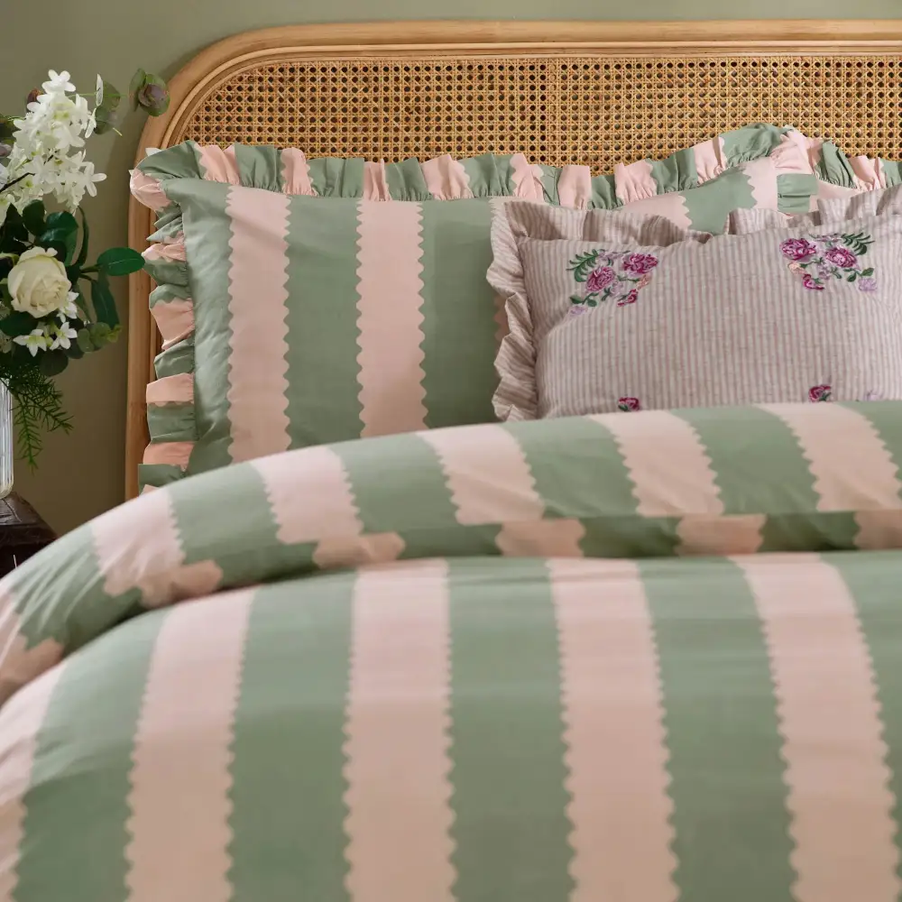 Modern Bedroom Ruffled Stripe Cotton Duvet Cover Set