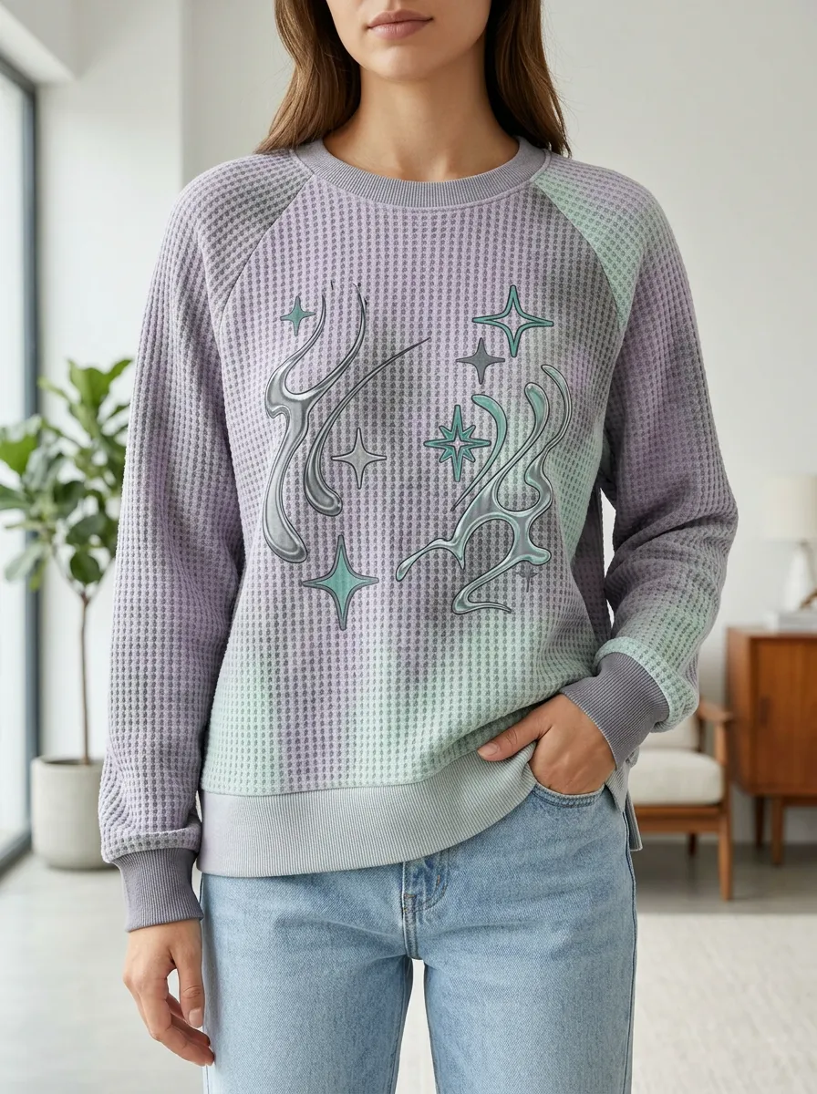 Women's Y2K Aesthetic Star Tribal Printed Waffle Knit Sweatshirt
