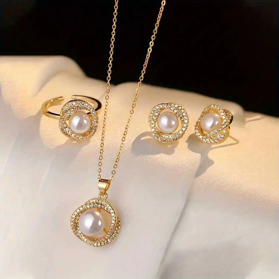 Women's Pearl Set Pendant Necklace Earrings Ring Suitable