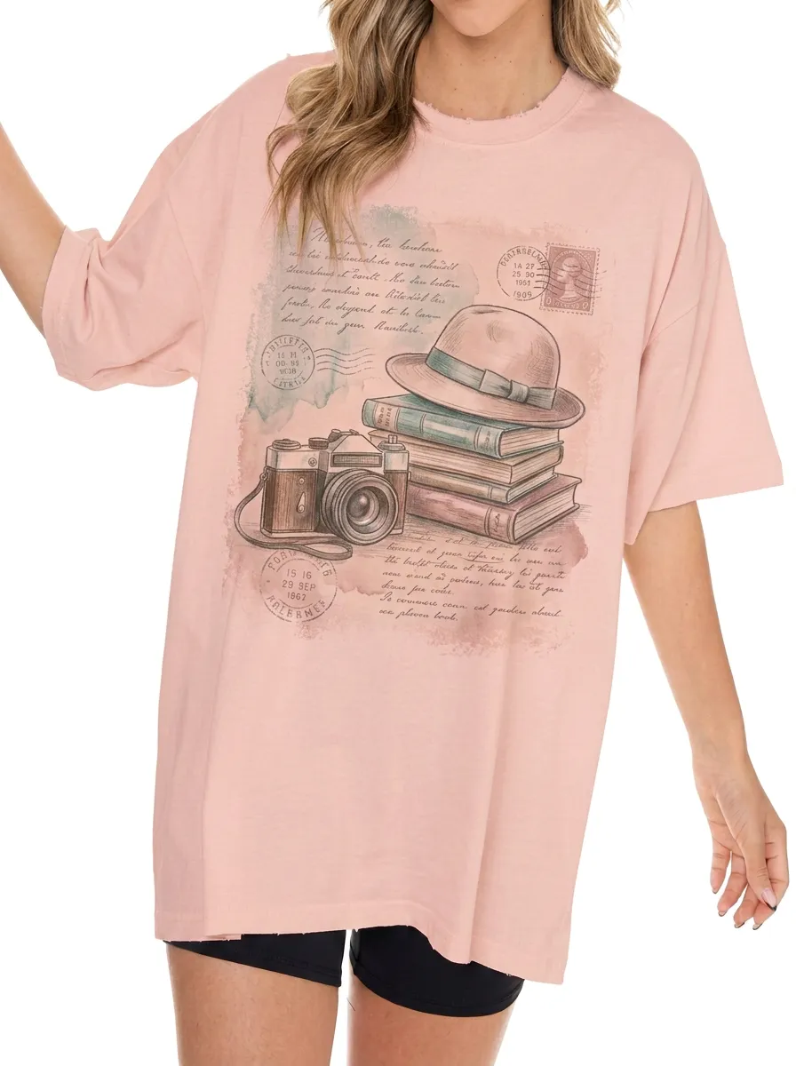 Women's Vintage Travel Photography Books Printed T-shirt