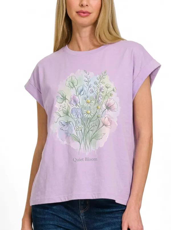 Women's Quiet Bloom Wildflower Bouquet Watercolor Printed T-shirt