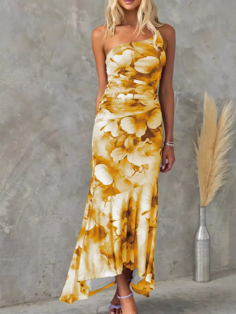 Ruched One-Shoulder Floral Maxi Dress