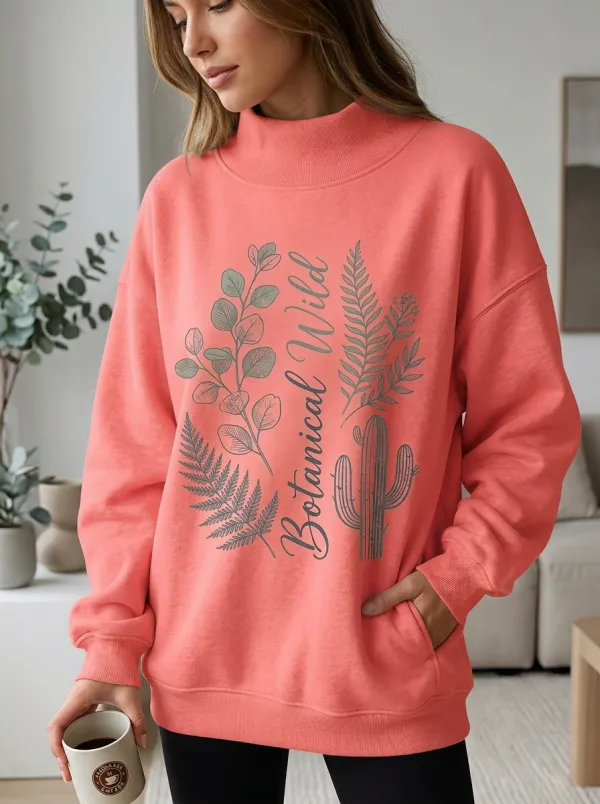 Botanical Wild Cactus Fern Mock Neck Sweatshirt
