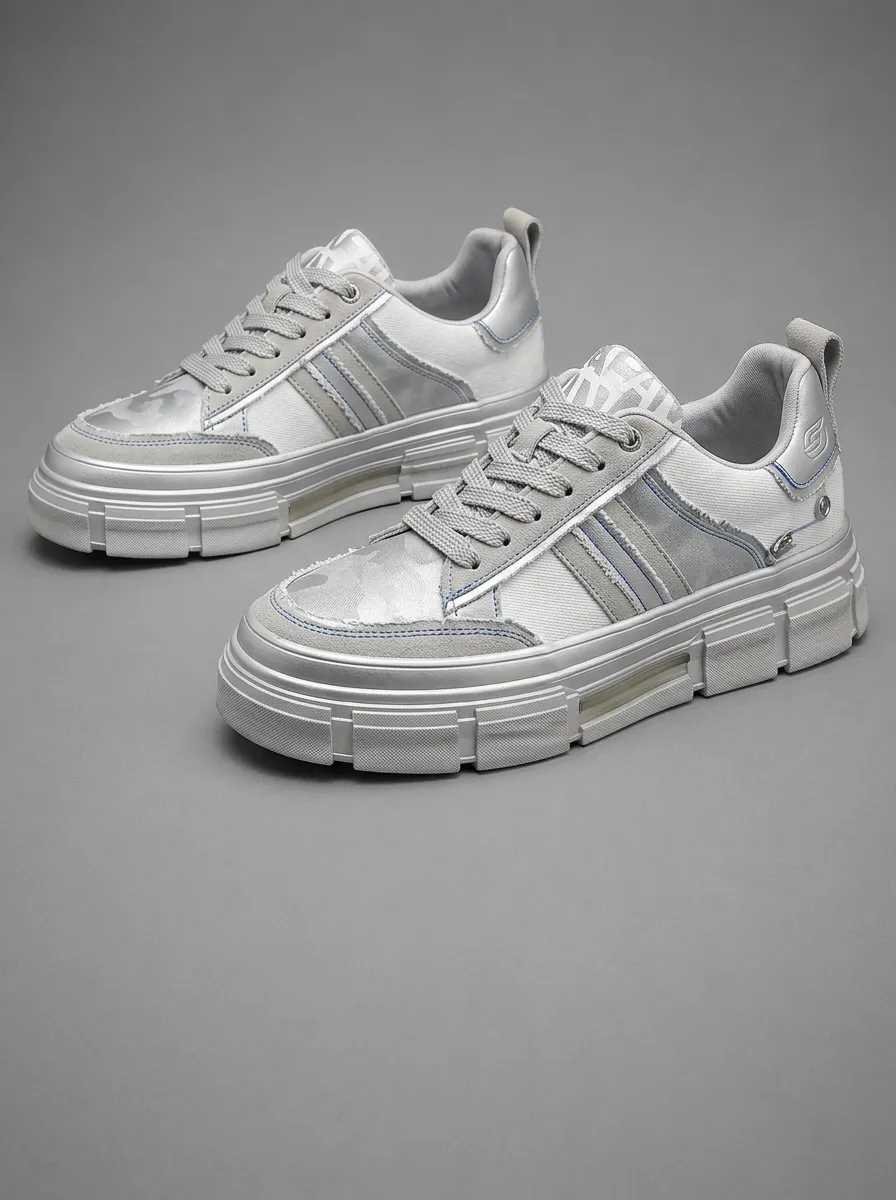 Men's Silver Camo Pattern Chunky Sole Printed Sneakers