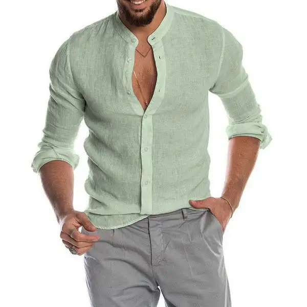 Men's Linen Shirt With Stand-up Collar Continuous Button Placket And Casual Slim-Fit Cut