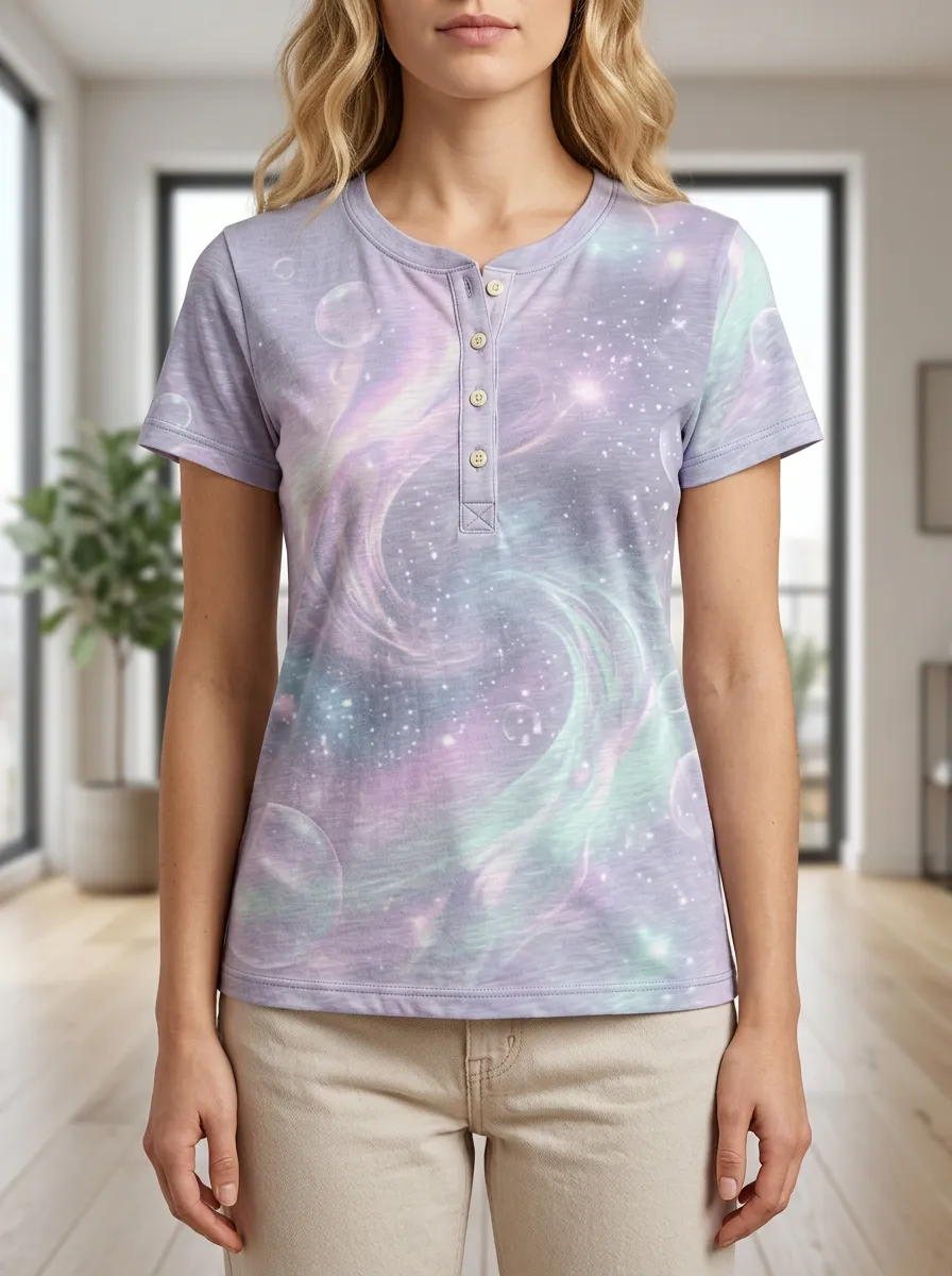 Women's Galaxy Nebula Bubble Printed Henley T-shirt