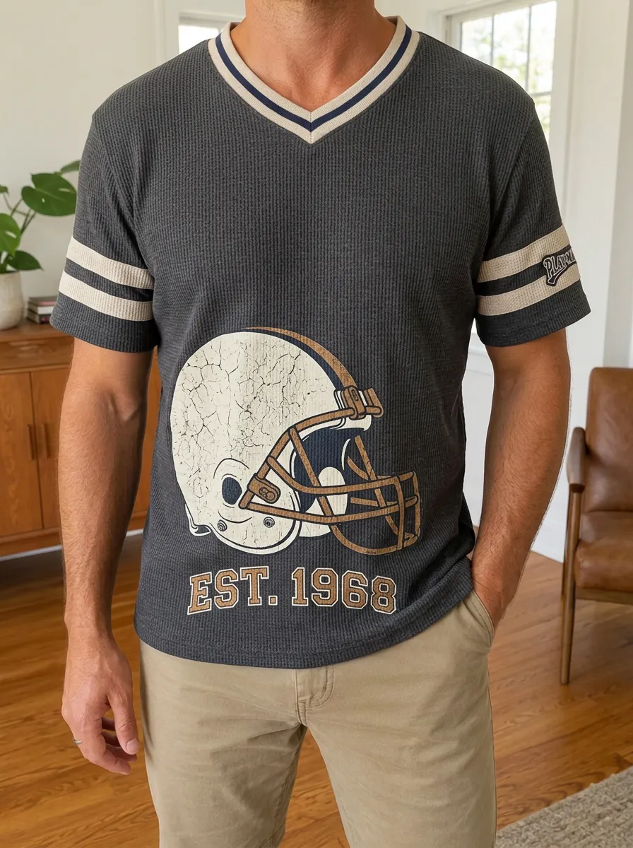 Men's Football Lover Vintage Helmet EST 1968 Printed Waffle Top