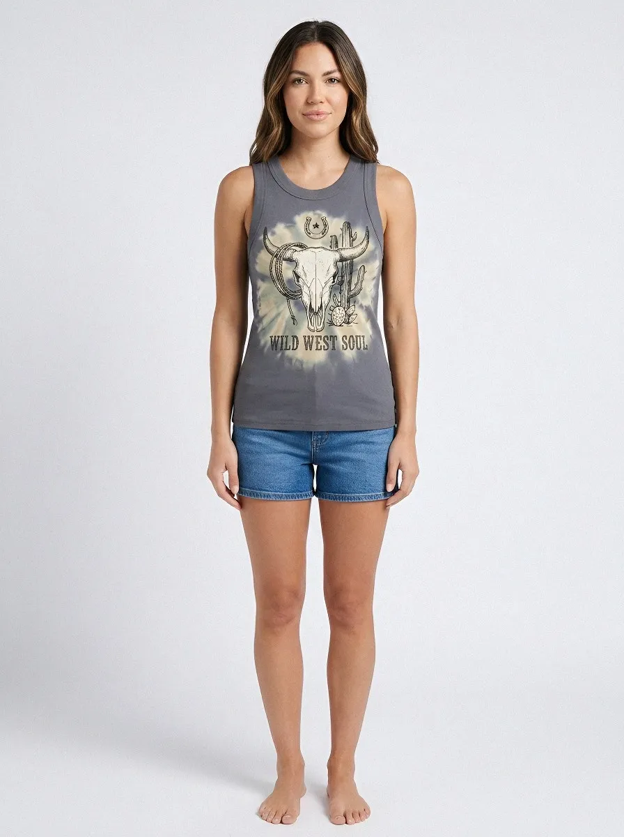 Women's Western Wild West Soul Cow Skull Cactus Printed Tank Top