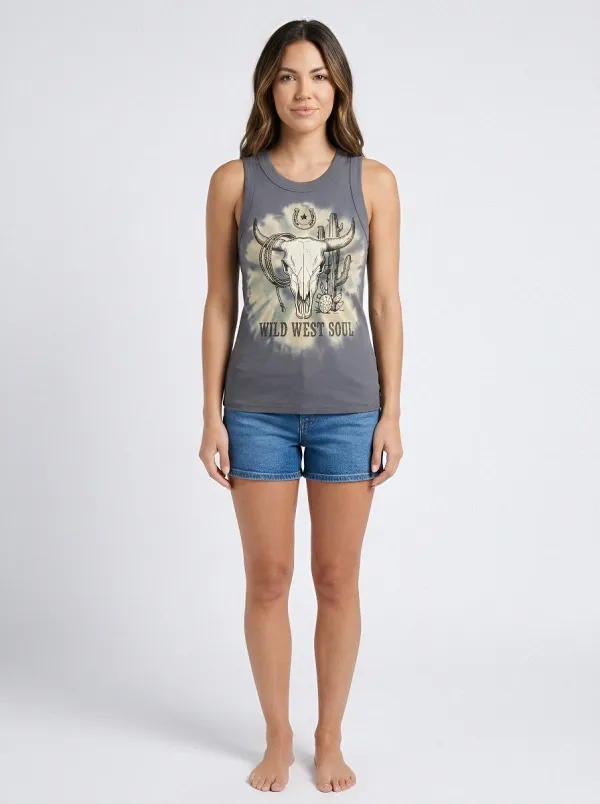 Women's Western Wild West Soul Cow Skull Cactus Printed Tank Top