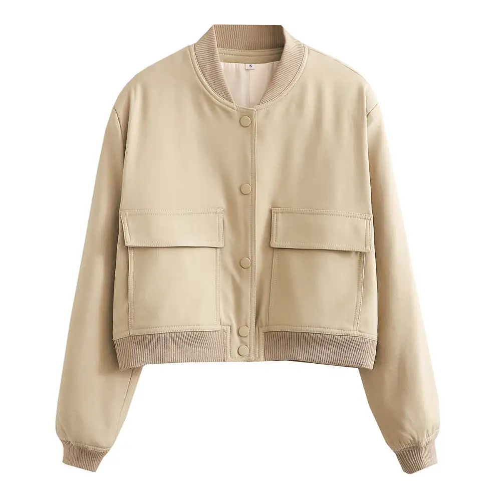 Cropped Flap Pocket Ribbed Trim Bomber Jacket