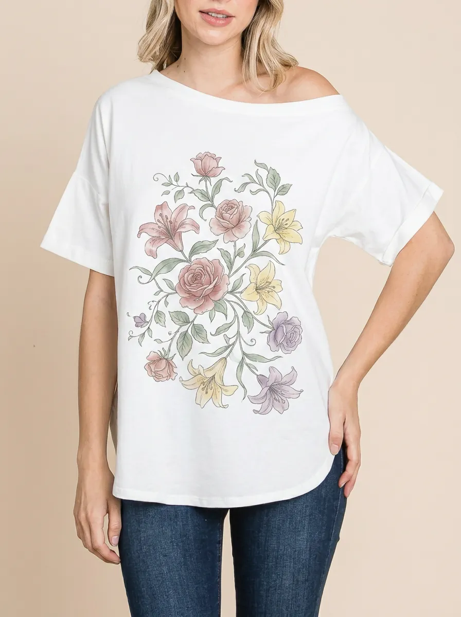 Women's Botanical Floral Rose Lily Printed T-shirt