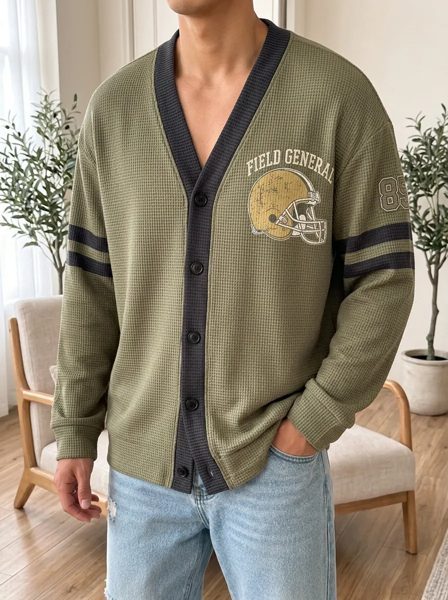 Men's Football Field General Helmet Printed Waffle Cardigan